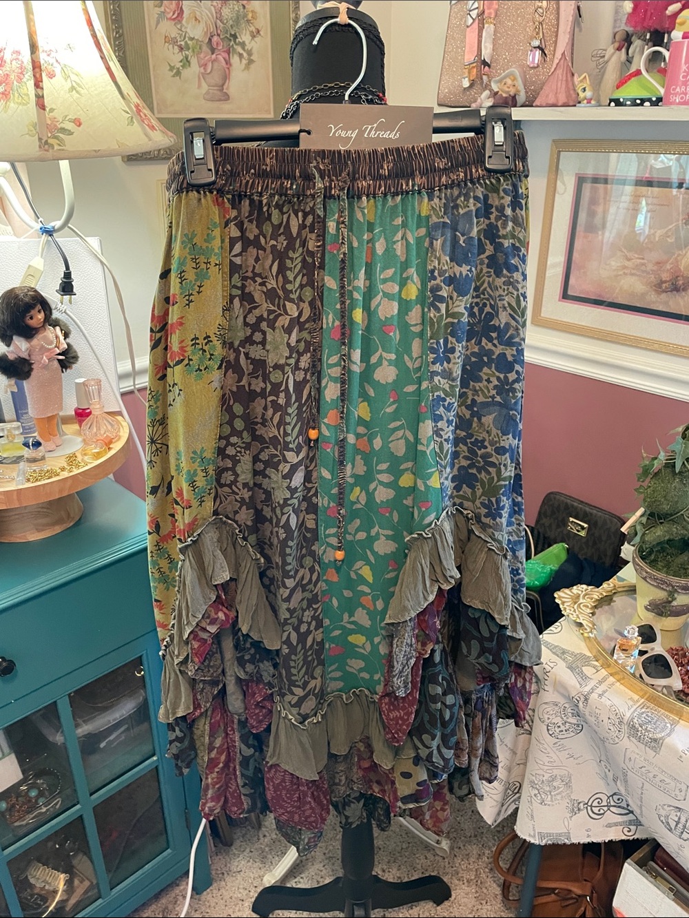 PatchworkBoho  Floral Ruffle Maxi Skirt - Teal/Brown. Young Threads - Picture 9 of 14